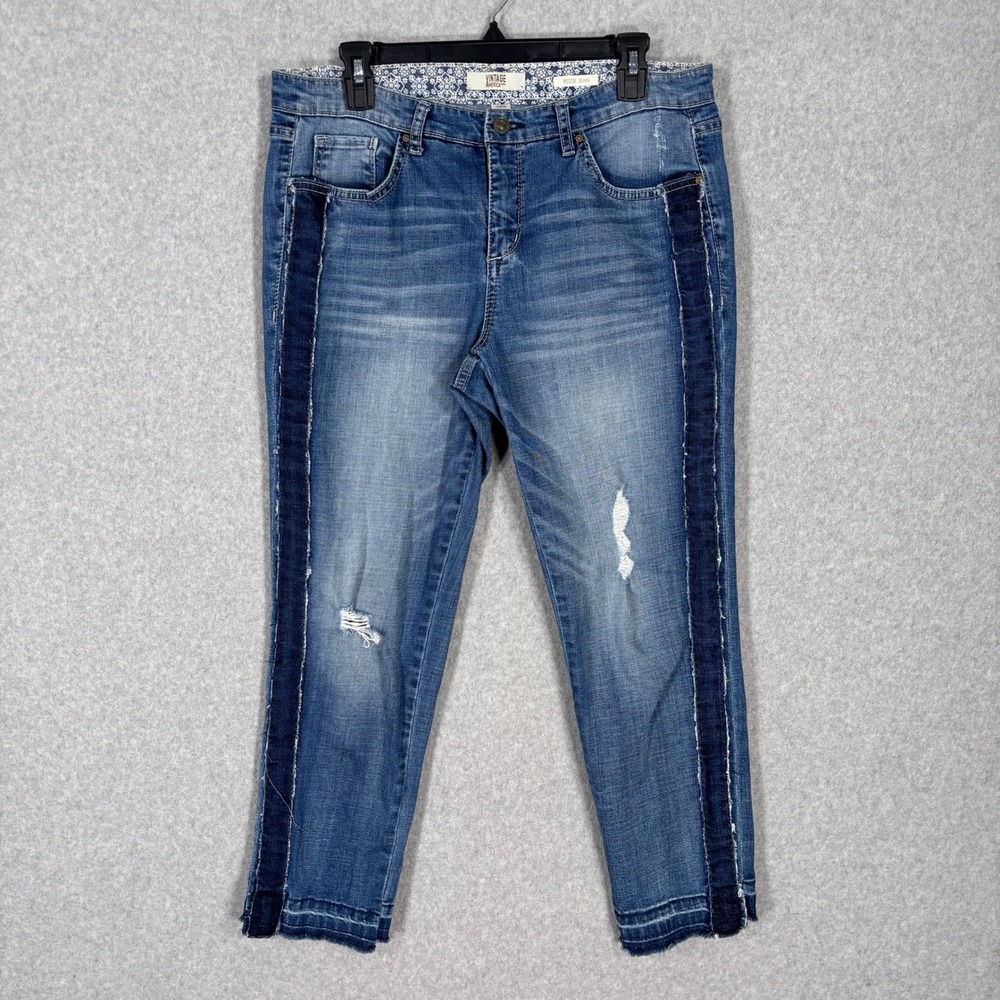 Vintage America Blues Bestie Jeans Size 8 Patchwork Stripe Boho Ankle Undone Hem